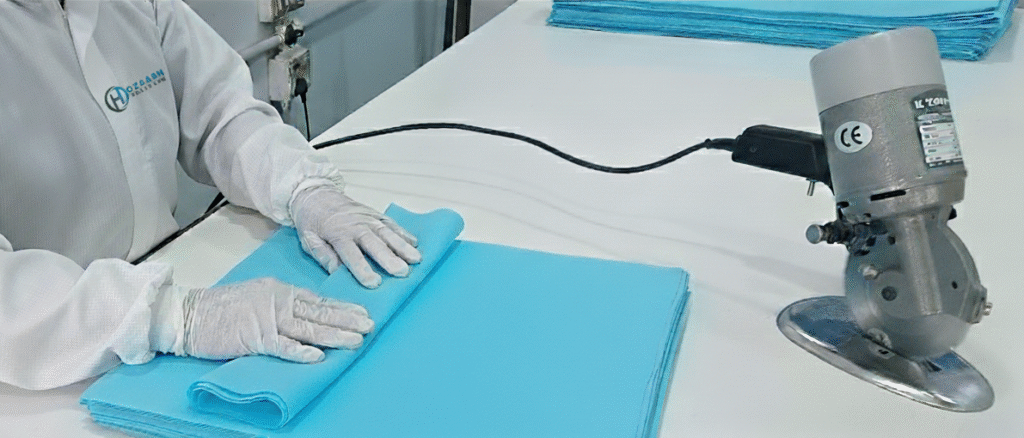 Healthcare worker preparing sterile surgical drapes and towels in a cleanroom facility at Ozaann Healthcare Products.